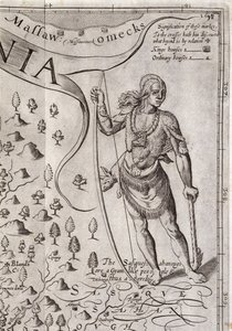 Guerrier Susquehannock (détail) de la carte de Virginie, gravée par William Hole, publiée en 1612